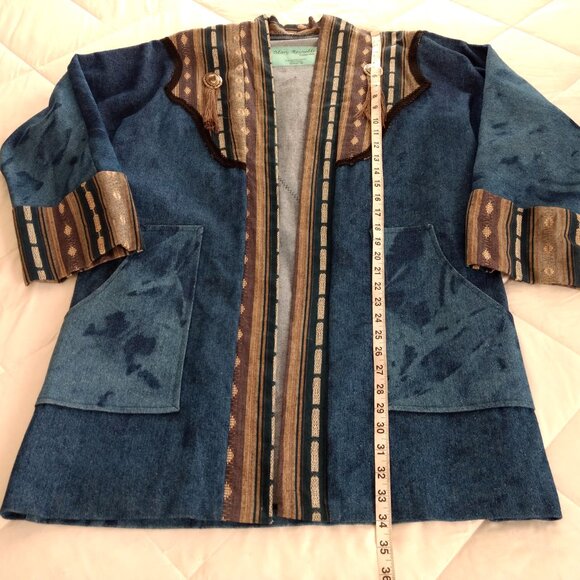 MARY REYNOLDS DESIGN Jacket M/L Blue Textured Denim Western Open Duster Tassel - Picture 15 of 15